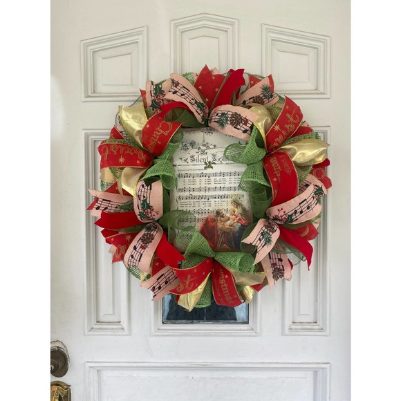 Silent Night Holy Night Manger Nativity Scene Deco Mesh Ribbon Christmas Wreath - Picture 1 of 9